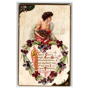 Vintage 1909 Embossed Valentine Postcard Woman with Fan & Floral Heart
